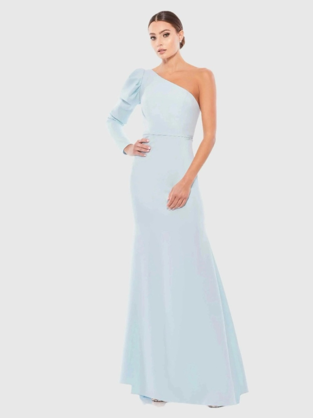 NEW Mac Duggal 70149 Size 0 Baby Blue One Shoulder Puff Sleeve Gown Dress